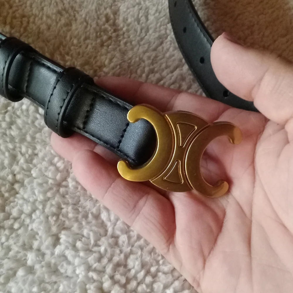 Black Leather Belt with Gold Buckle - Picture 3 of 3